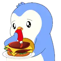 a penguin is holding a plate with a hamburger on it