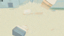 a cartoon character with a swirl on his chest is standing on a sandy surface