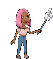 a cartoon girl with pink hair is holding a stick with a hand on it pointing up