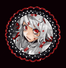 a picture of a girl with white hair and red eyes in a circle