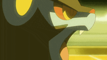 a close up of a cartoon character 's face with yellow eyes
