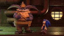 sonic the hedgehog standing next to a cartoon character with a crown on his head