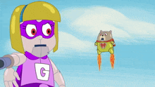 a cartoon character wearing a purple cape with a white letter g on it