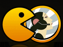 a pac man eating a woman with a microphone on her head