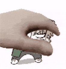 a hand is holding a cartoon character 's head in a cartoon .