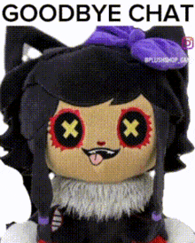 a stuffed animal says goodbye chat with a purple bow on its head