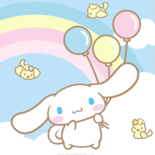 a cartoon of cinnamoroll holding balloons with a rainbow in the background