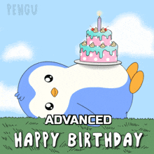 a penguin with a birthday cake on top of it and the words advanced happy birthday
