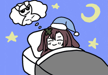 a cartoon drawing of a girl sleeping with an owl in a thought bubble above her head
