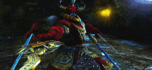 a video game character holding a sword and a shield with chinese writing on it