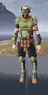 a man in a green and brown armor stands on a brick floor
