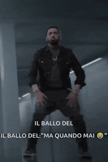 a man in a black jacket is dancing in a dark room with the words il ballo del il ballo del ma quando mai below him