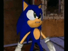 sonic the hedgehog from the video game sonic the hedgehog is standing in front of a wooden wall .