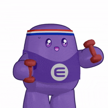 a purple cartoon character with an e on his shirt