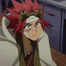 a red haired anime character wearing goggles and a bandage on his head