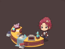 a cartoon character with red hair is standing in front of a table