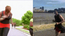 a woman is running down a road next to a river and a man is running down a road .