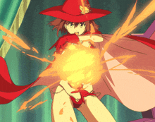 a girl in a red hat is holding a fireball in her hands