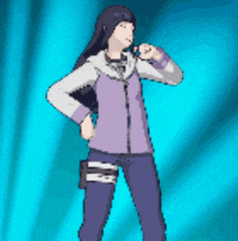 a pixel art drawing of a girl in a purple jacket and blue pants