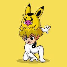 a cartoon drawing of a girl in a white suit standing next to a purple cat