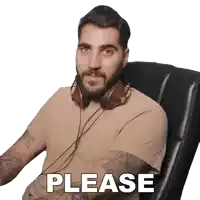 a man wearing headphones says please in front of him