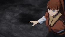 a girl with red hair and blue eyes is reaching out