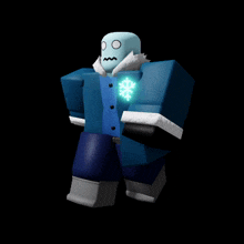 a cartoon character with a snowflake on his chest is wearing a blue coat