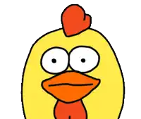 a cartoon chicken with big eyes and a red crest is smiling