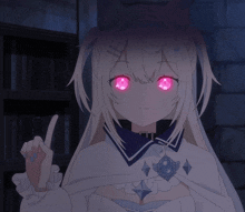 a girl with white hair and red eyes points her finger up
