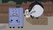 a cartoon character with a mug that says i mun
