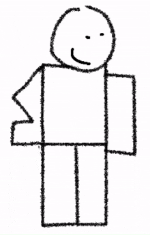 a black and white drawing of a person with a smile on his face