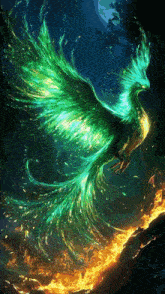a painting of a phoenix surrounded by fire and flames