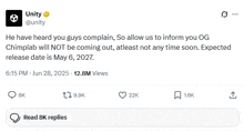 a tweet from unity that says chimplab will not be coming out atleast not any time soon