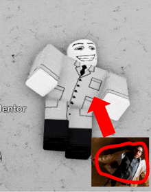 a man in a white suit and tie is next to a picture of a man laying on a couch