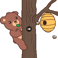 a teddy bear is peeking out from behind a tree with a beehive in the background