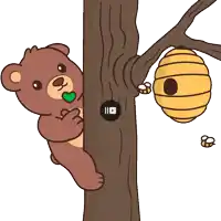 a teddy bear is peeking out from behind a tree with a beehive in the background