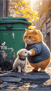 a cat and a puppy are standing next to a green trash can that says tiktok on it