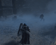 a person is holding a shield in a dark room