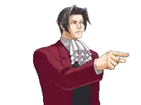 a man in a red suit is pointing his finger