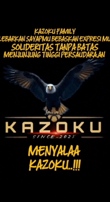 a picture of a bald eagle with the words kazoku on the bottom