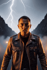 a man wearing a brown leather jacket with the word hor on the pocket