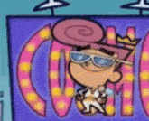 a cartoon character with sunglasses and a crown on his head stands in front of the word cosmo