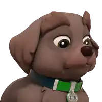 a cartoon dog wearing a green collar and a tag that says h
