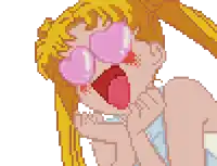 a pixel art of a girl wearing pink heart shaped glasses