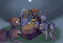 a cartoon drawing of a nativity scene with animals and a baby jesus