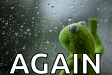 a kermit the frog is looking out a window with the word again above him