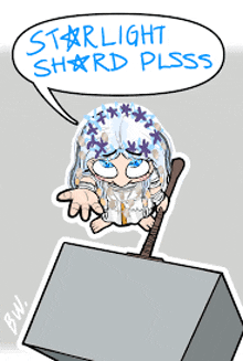 a cartoon drawing of a girl holding a hammer with the words starlight shard plsss written on it