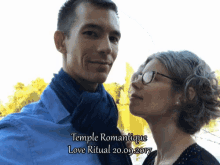 a man and a woman are posing for a picture with temple romantique love ritual written on the bottom
