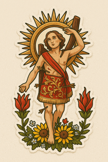 a drawing of a man holding a cross with flowers around him