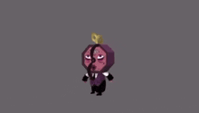 a cartoon character with a mustache and a clock on his head is walking on a gray background .